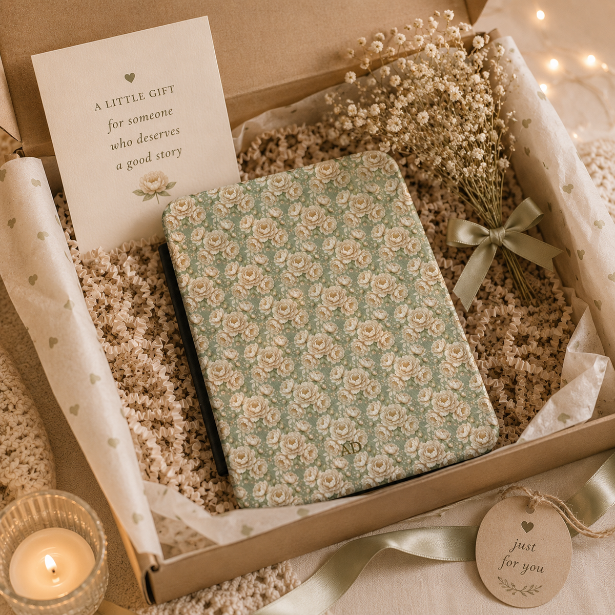 Personalized peony print Kindle case shown in a gift setting
