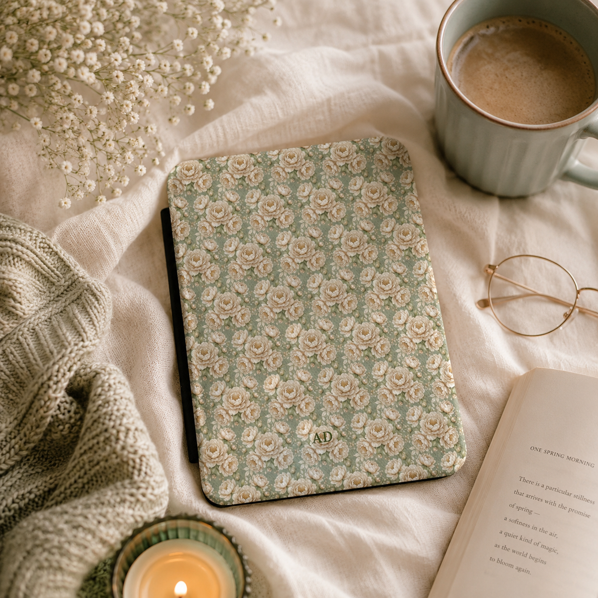 Personalized peony print Kindle case styled in a lifestyle reading setting