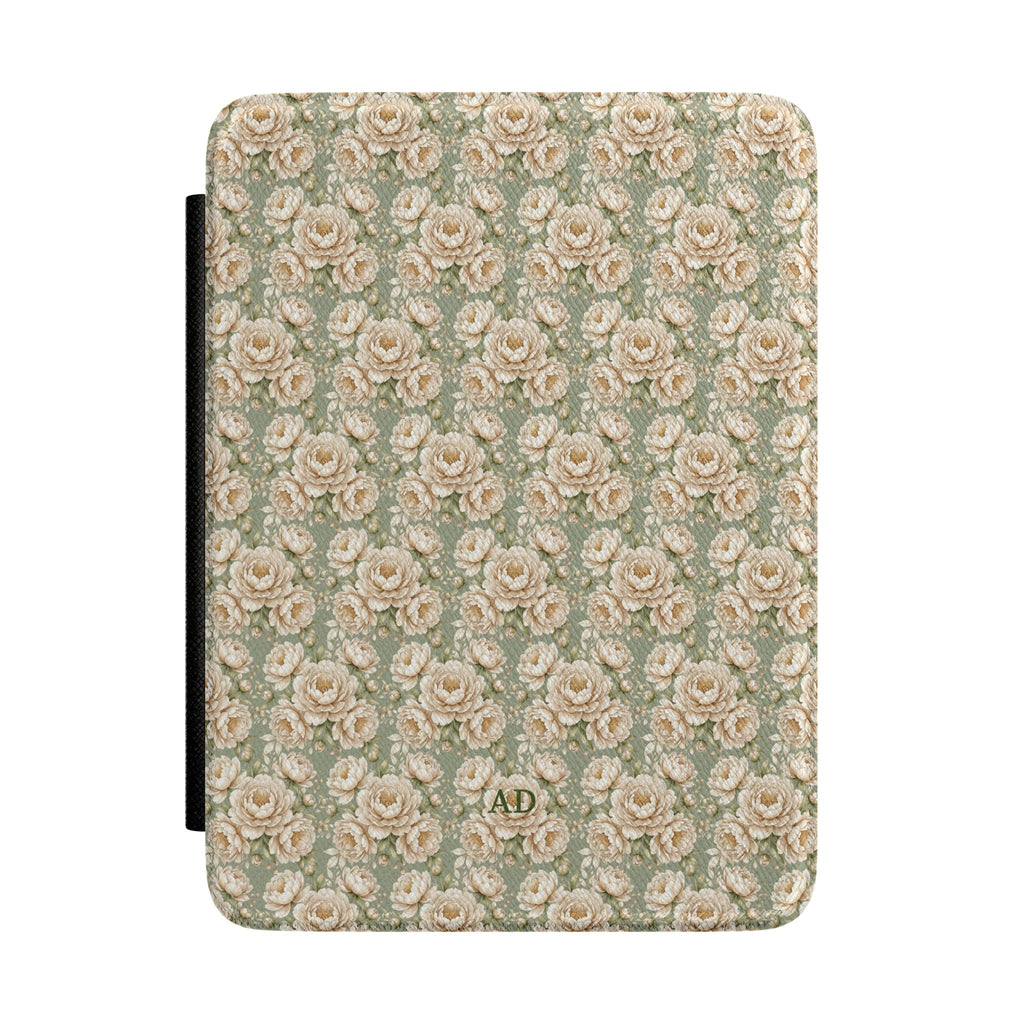 Personalized Kindle case with all-over cream peony print on sage green, custom initials AD