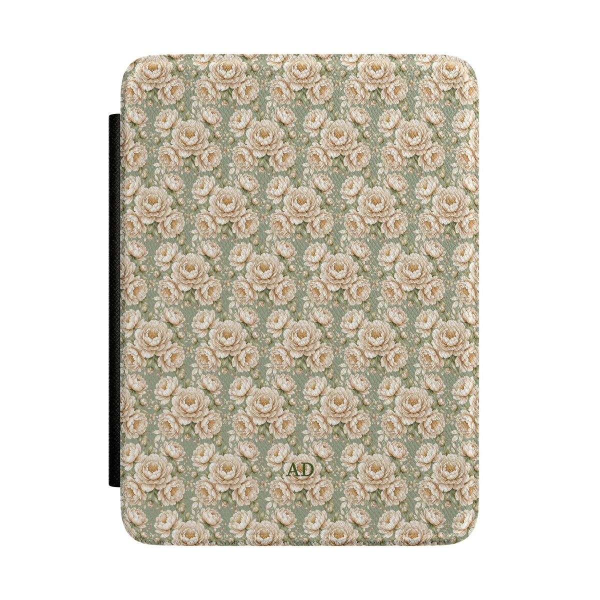 Personalized Kindle case with all-over cream peony print on sage green, custom initials AD