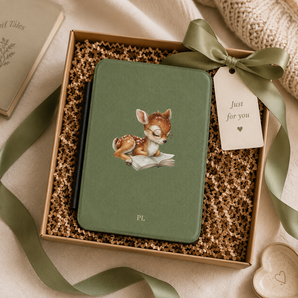 Personalized reading fawn Kindle case shown in a gift setting