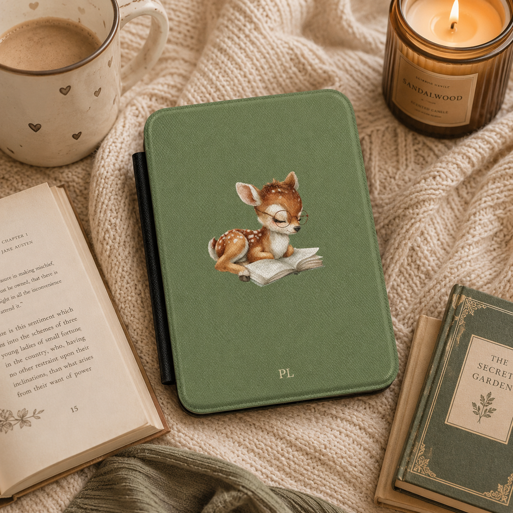 Personalized reading fawn Kindle case styled in a lifestyle reading setting