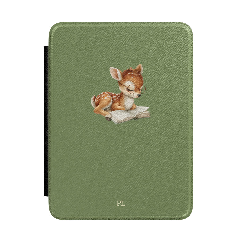 Personalized Kindle case with reading fawn in glasses on sage green, custom initials