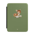 Personalized Kindle case with reading fawn in glasses on sage green, custom initials