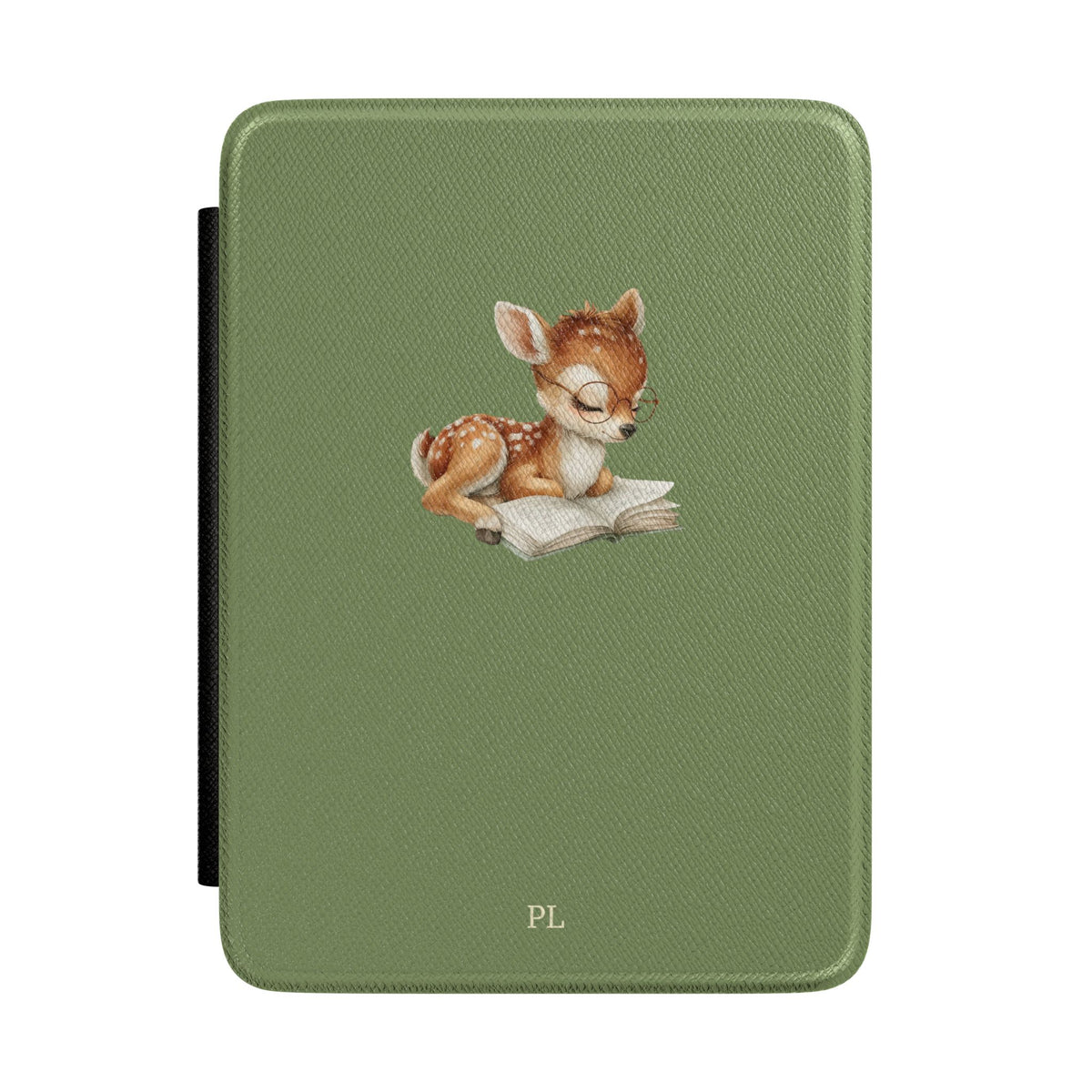 Personalized Kindle case with reading fawn in glasses on sage green, custom initials