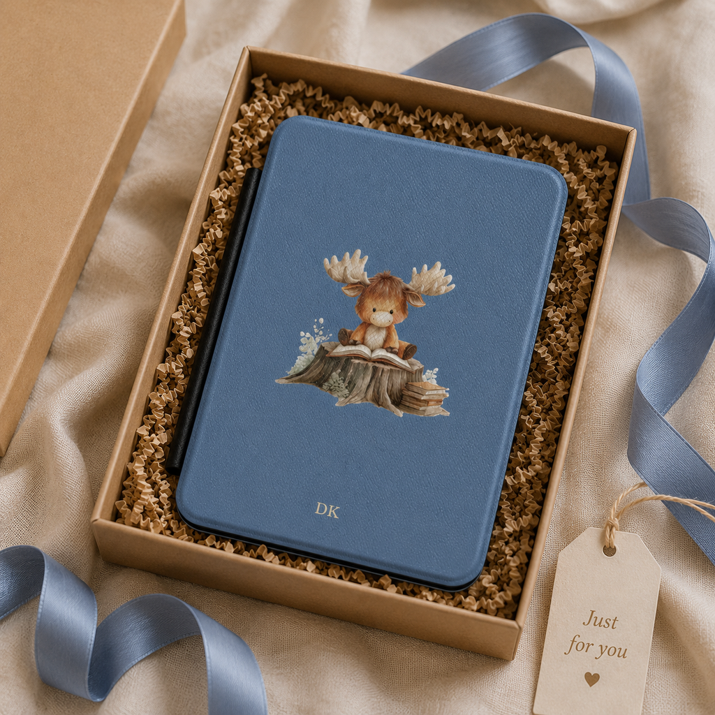 Personalized reading moose Kindle case shown in a gift setting