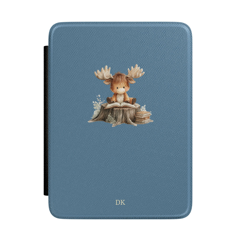 Personalized reading moose Kindle case on slate blue, custom initials