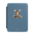 Personalized reading moose Kindle case on slate blue, custom initials