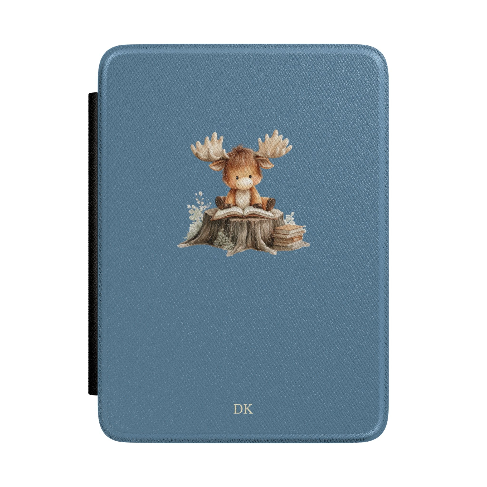 Personalized reading moose Kindle case on slate blue, custom initials