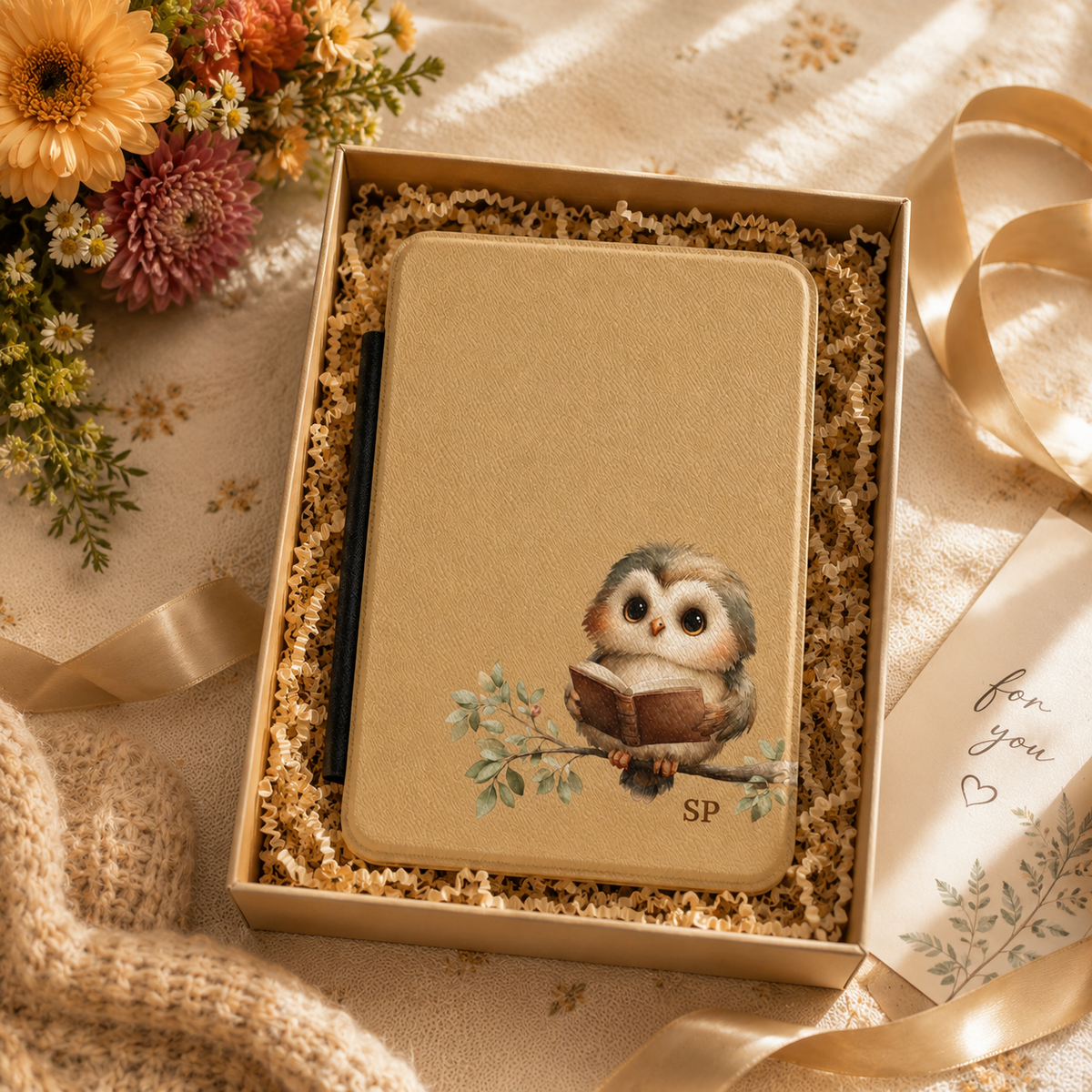 Personalized reading owl Kindle case shown in a gift setting
