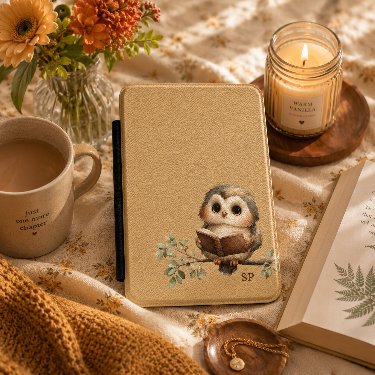 Personalized reading owl Kindle case styled in a lifestyle reading setting