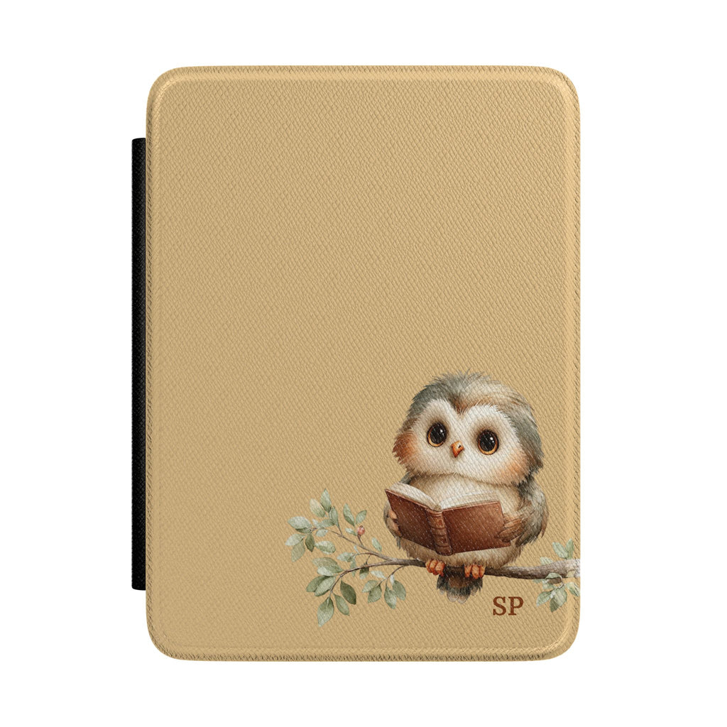 Personalized reading owl Kindle case on tan, custom initials