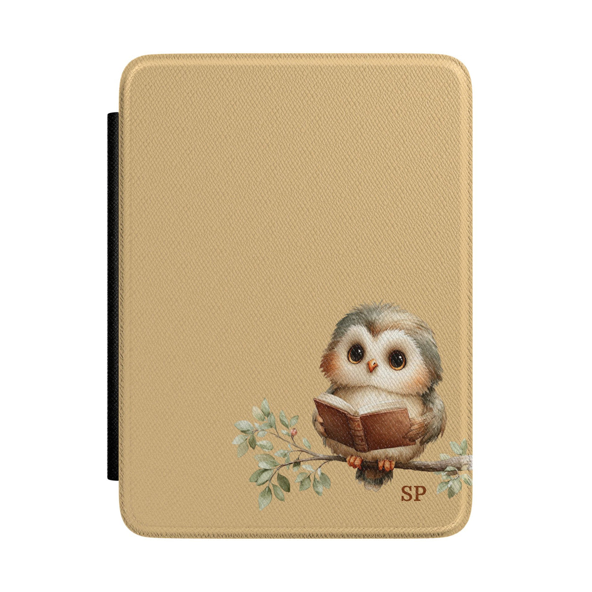 Personalized reading owl Kindle case on tan, custom initials
