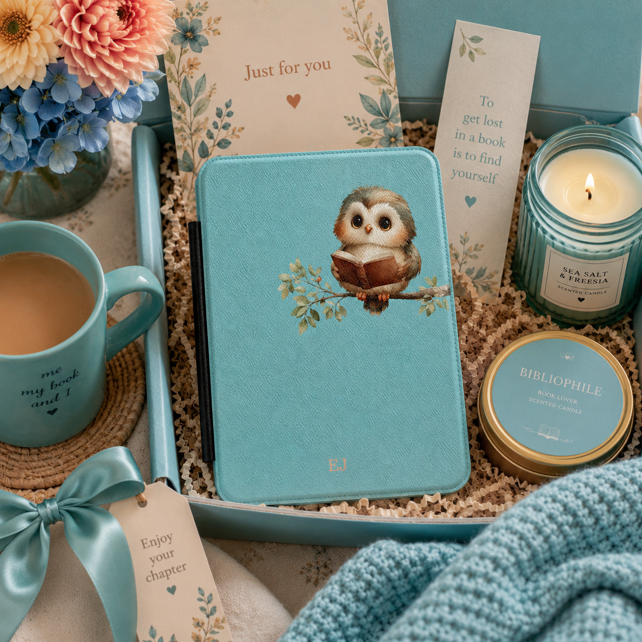 Personalized reading owl Kindle case shown in a gift setting