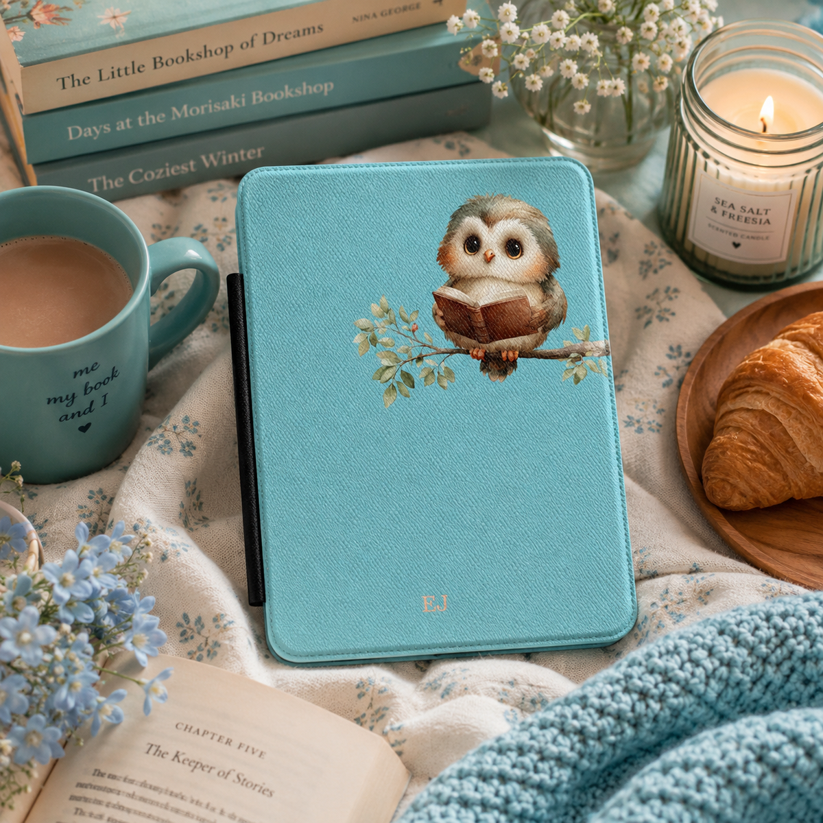 Personalized reading owl Kindle case styled in a lifestyle reading setting