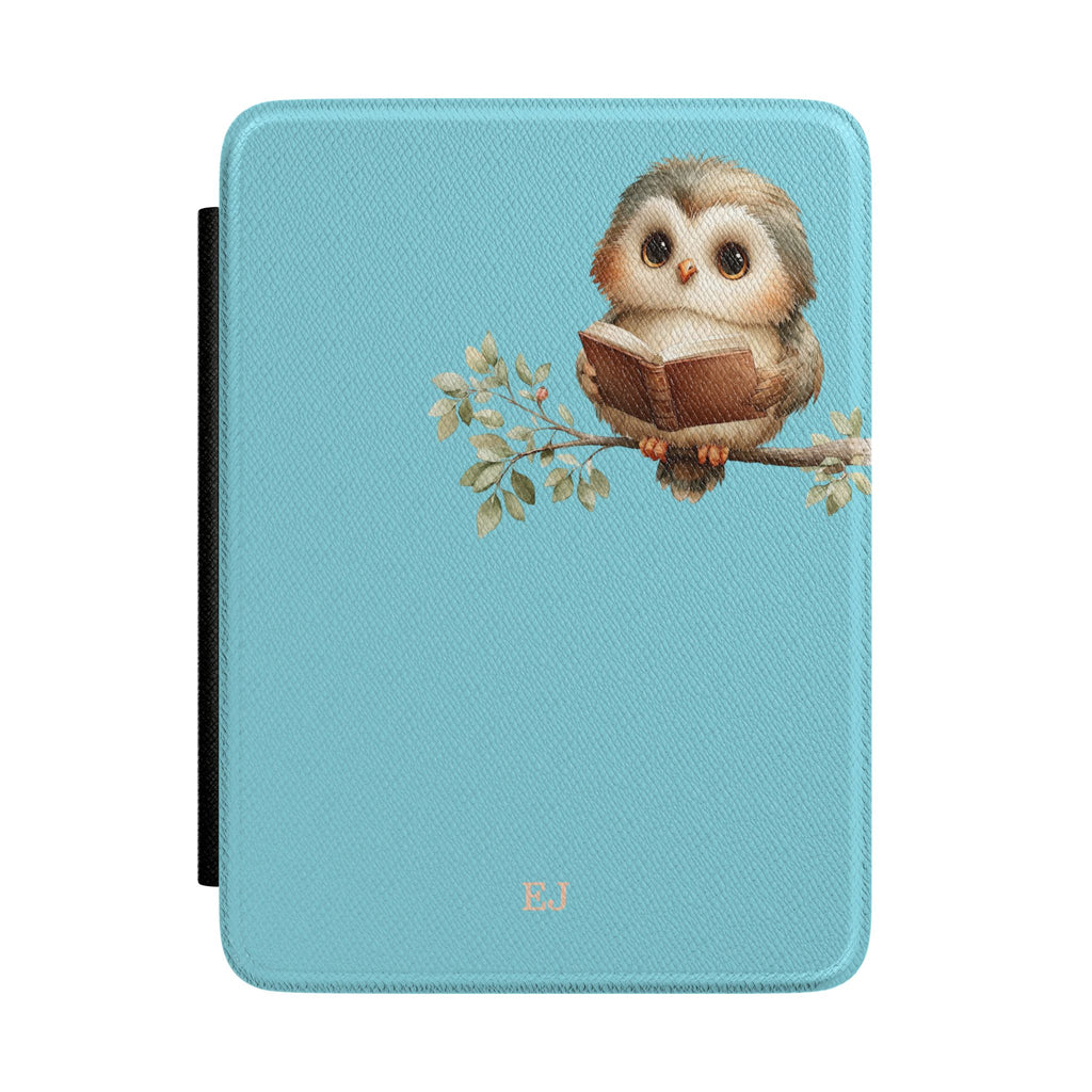 Personalized reading owl Kindle case on teal, custom initials