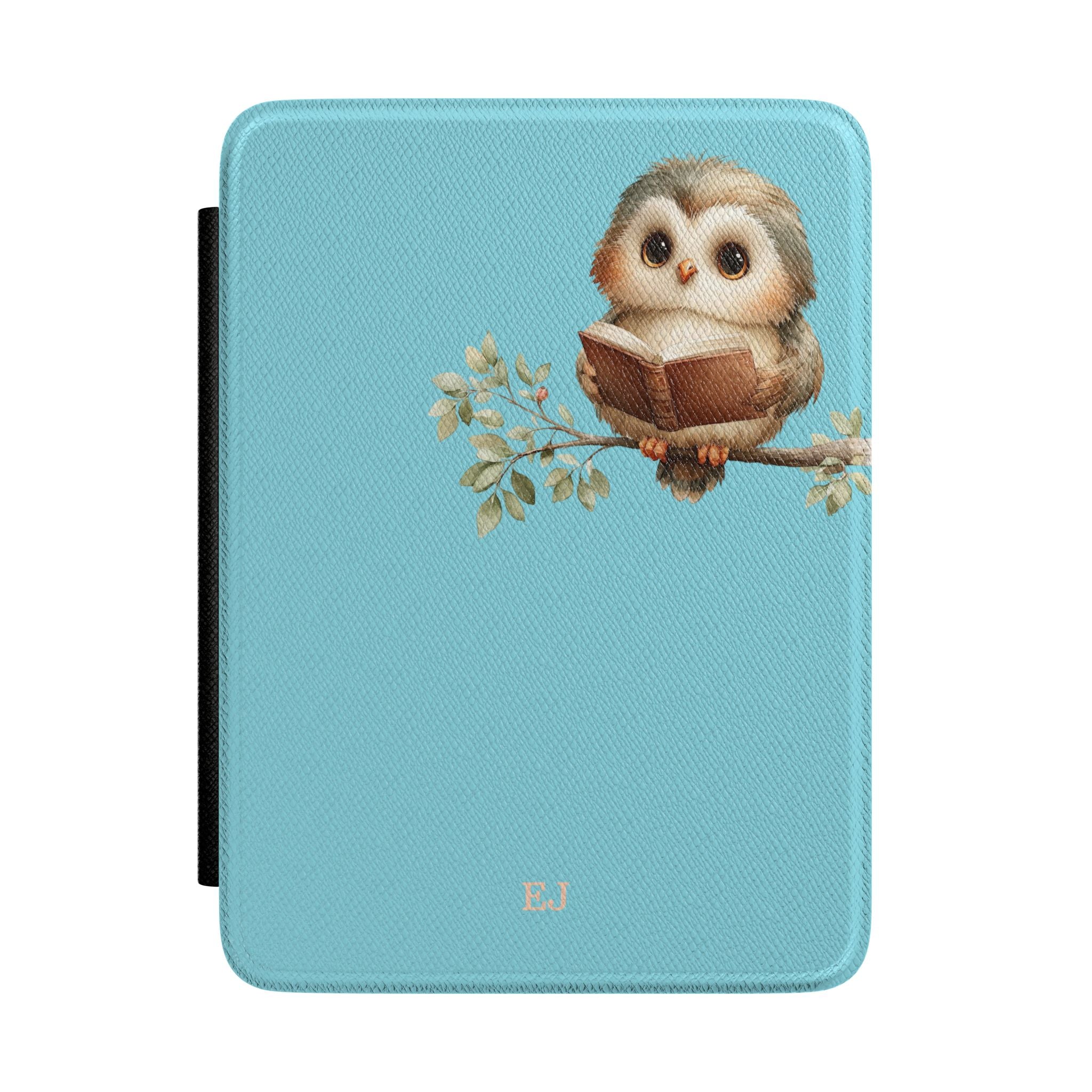 Personalized reading owl Kindle case on teal, custom initials