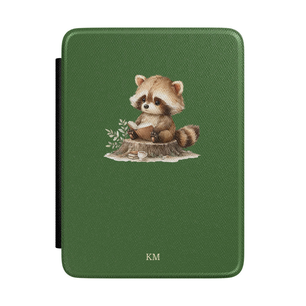 Personalized Kindle case with reading raccoon on tree stump, custom initials KM