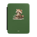 Personalized Kindle case with reading raccoon on tree stump, custom initials KM