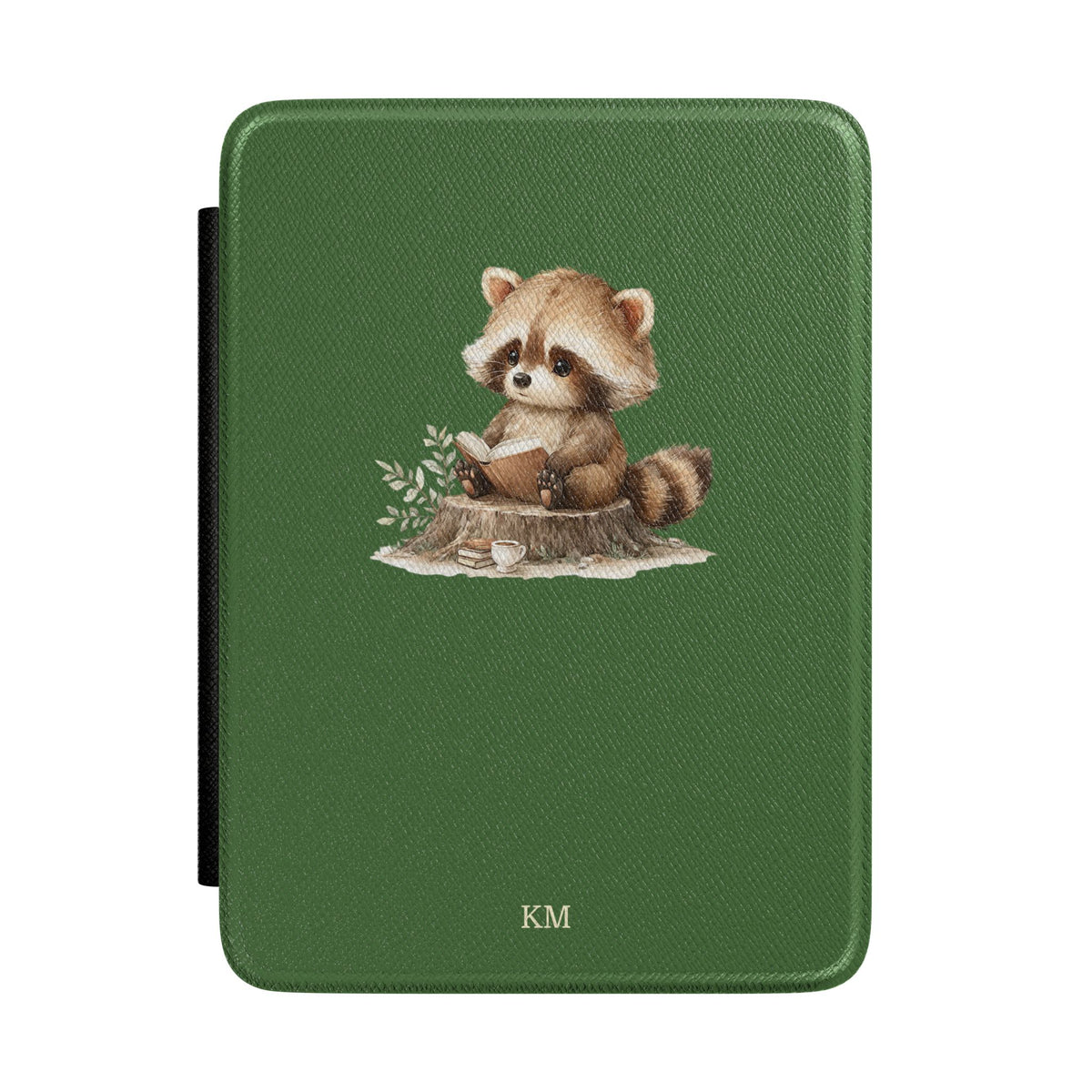 Personalized Kindle case with reading raccoon on tree stump, custom initials KM