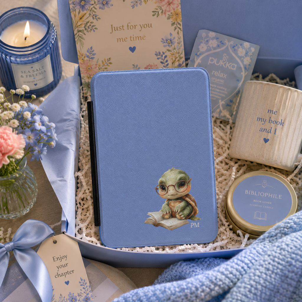 Personalized reading turtle Kindle case shown in a gift setting