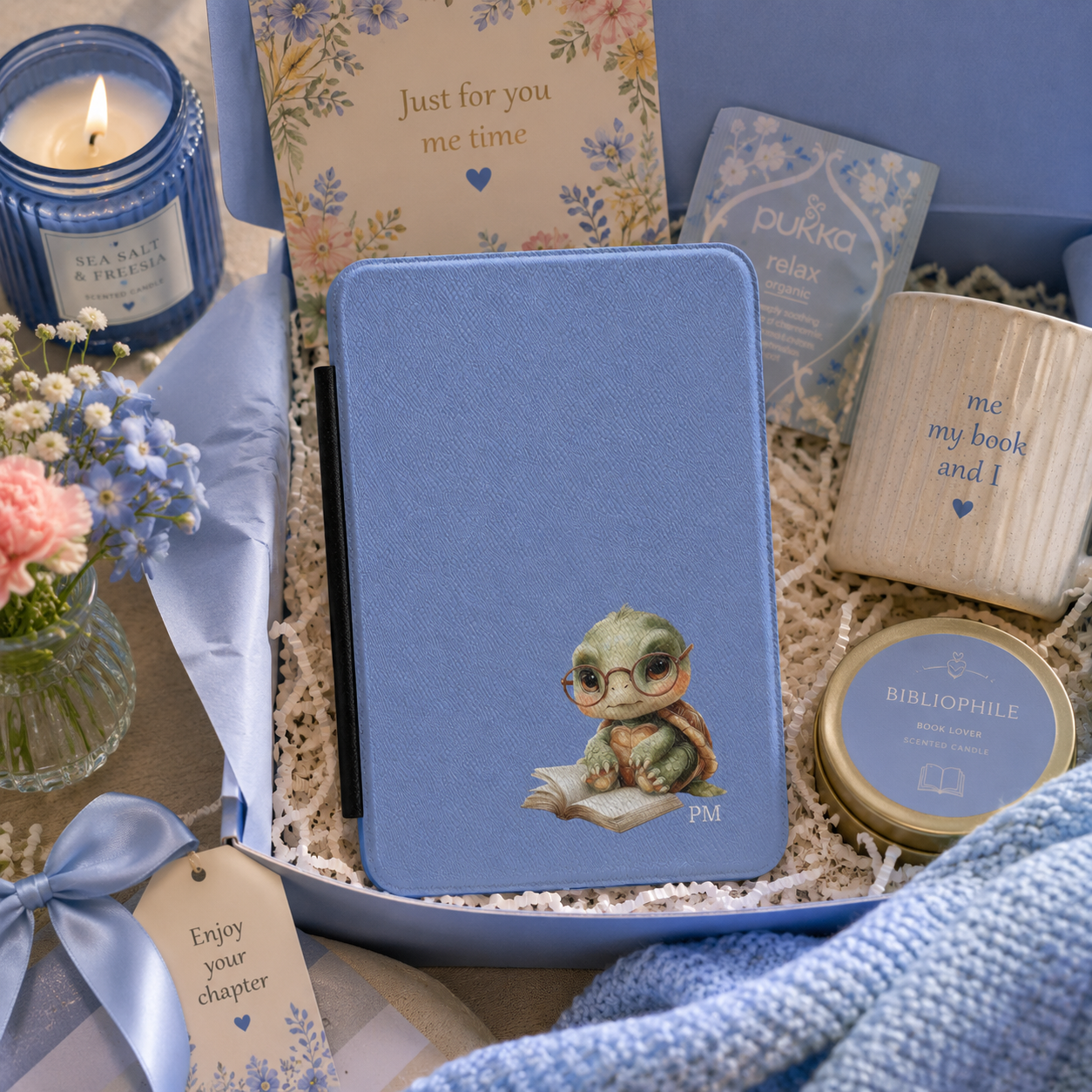 Personalized reading turtle Kindle case shown in a gift setting