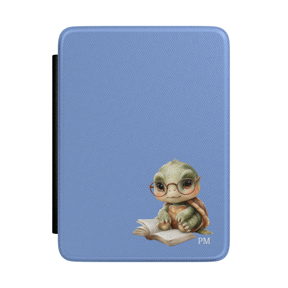 Personalized reading turtle Kindle case on blue, custom initials