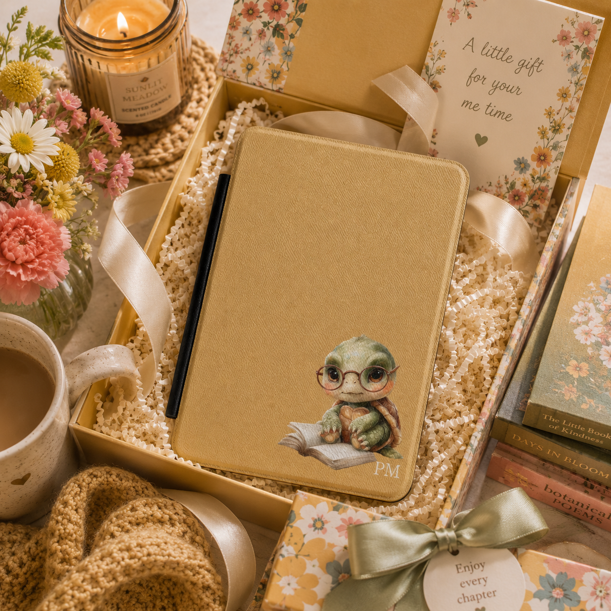 Personalized reading turtle Kindle case shown in a gift setting