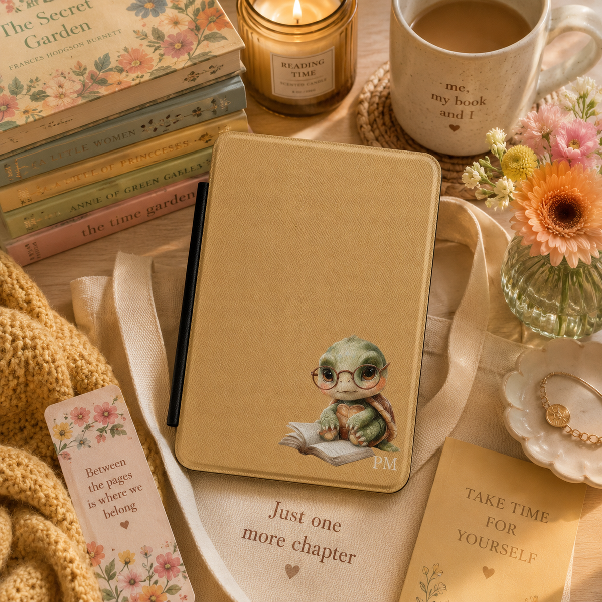 Personalized reading turtle Kindle case styled in a lifestyle reading setting