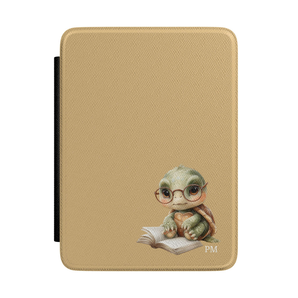 Personalized reading turtle Kindle case on tan, custom initials