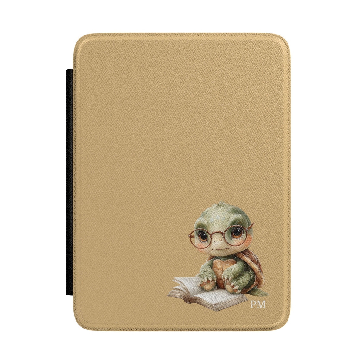 Personalized reading turtle Kindle case on tan, custom initials