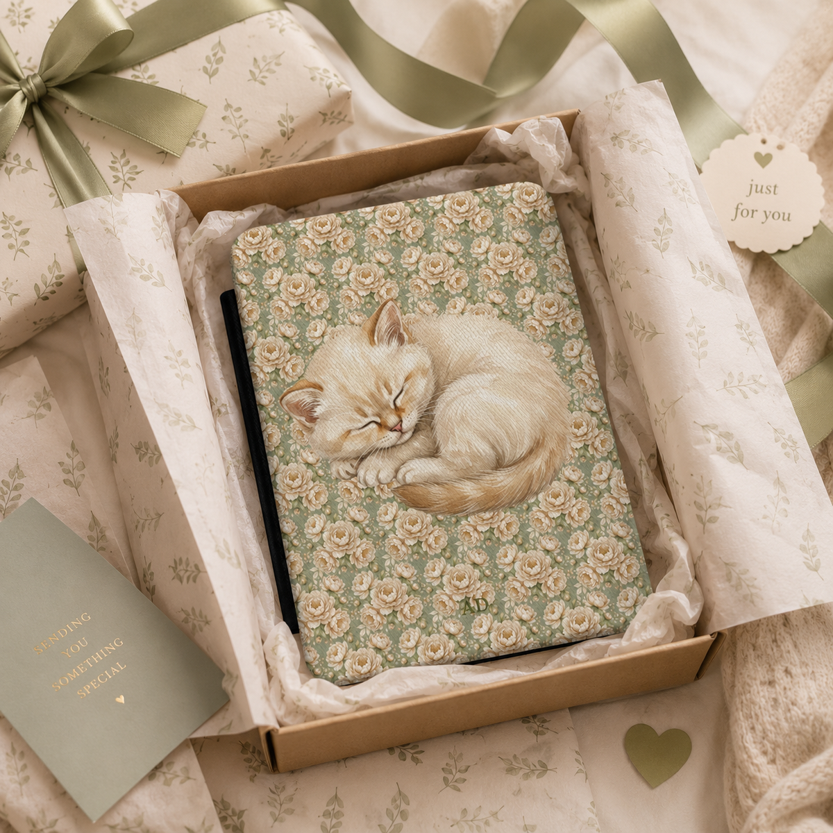 Personalized sleeping cat floral Kindle case shown in a gift setting