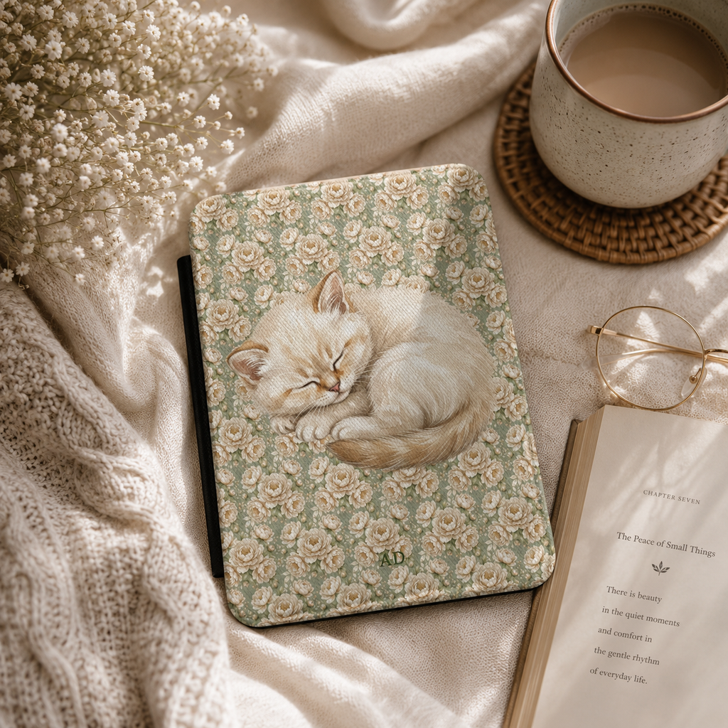 Personalized sleeping cat floral Kindle case styled in a lifestyle reading setting
