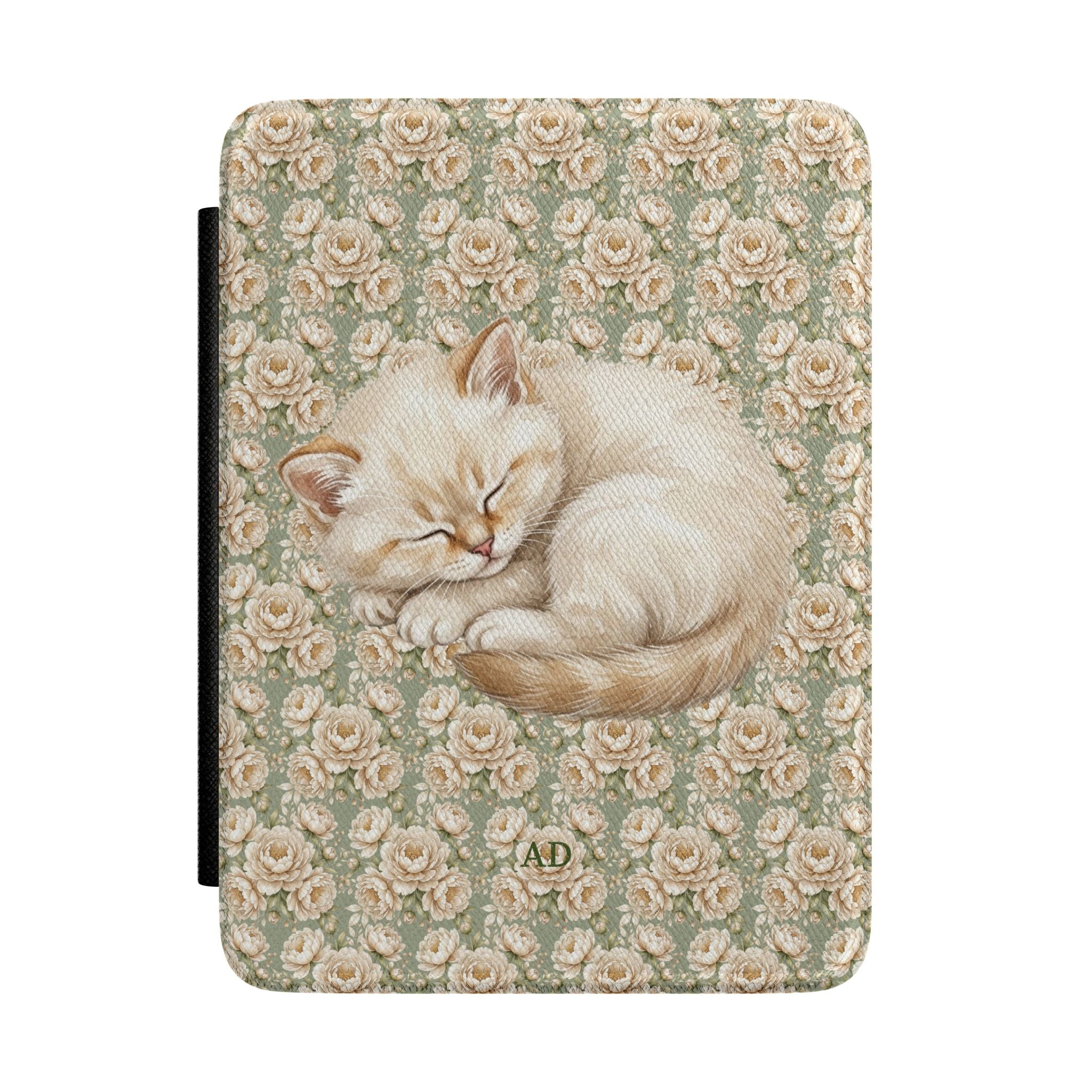 Personalized Kindle case with sleeping cat among roses on sage green, custom initials AD