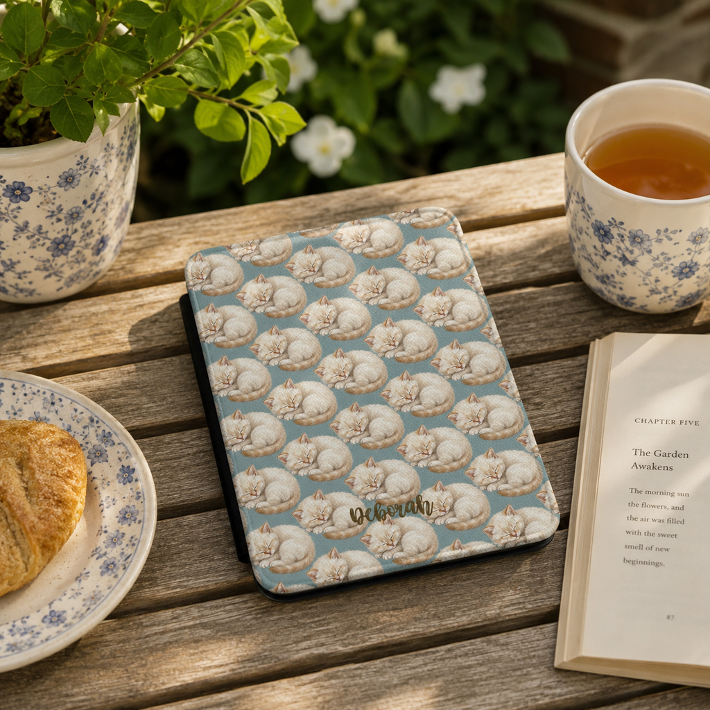 Personalized sleeping kitten Kindle case styled in a lifestyle reading setting