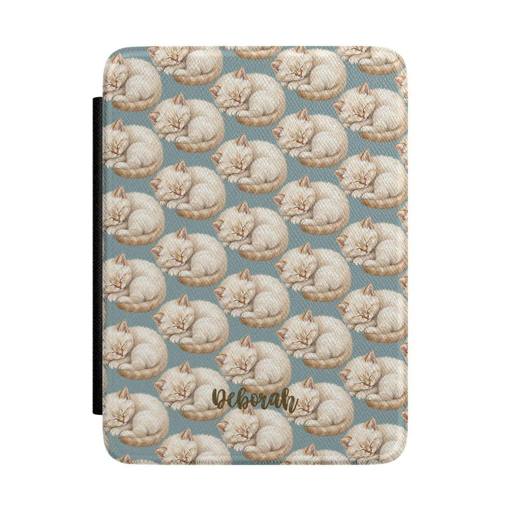Personalized Kindle case with sleeping kitten pattern on dusty blue, custom name Deborah