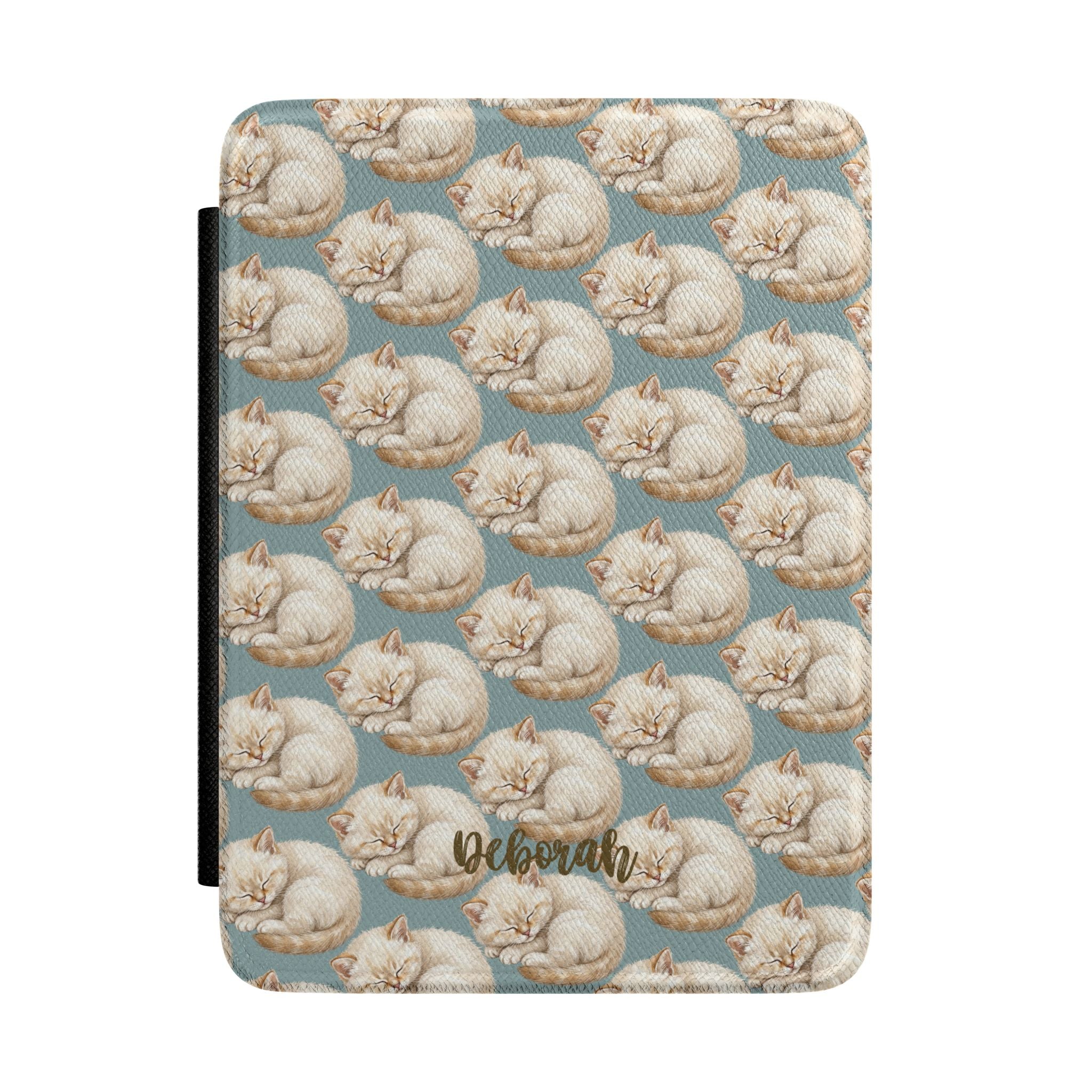 Personalized Kindle case with sleeping kitten pattern on dusty blue, custom name Deborah