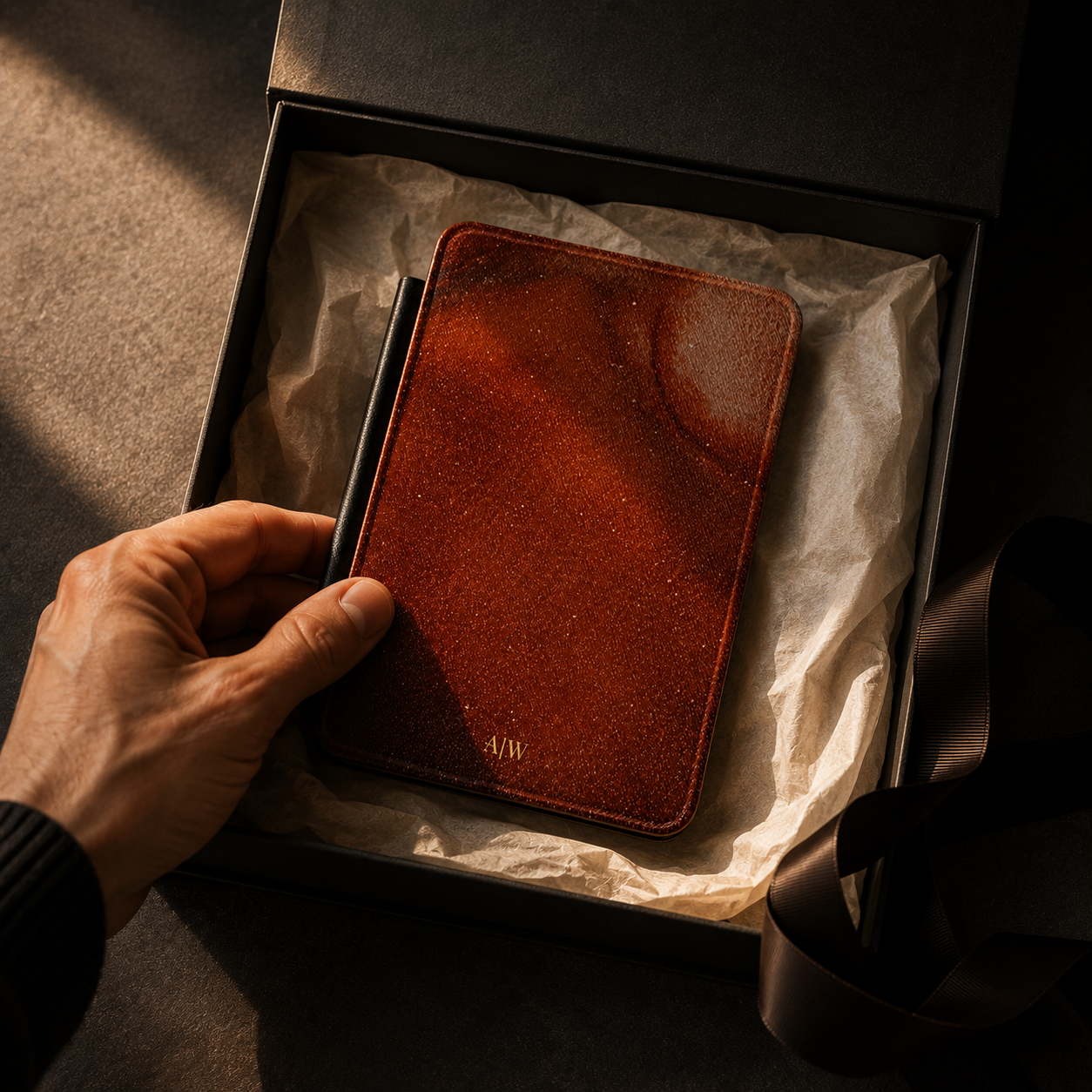 Open interior of the terracotta marble gold shimmer Kindle case showing the fabric lining and TPU shell