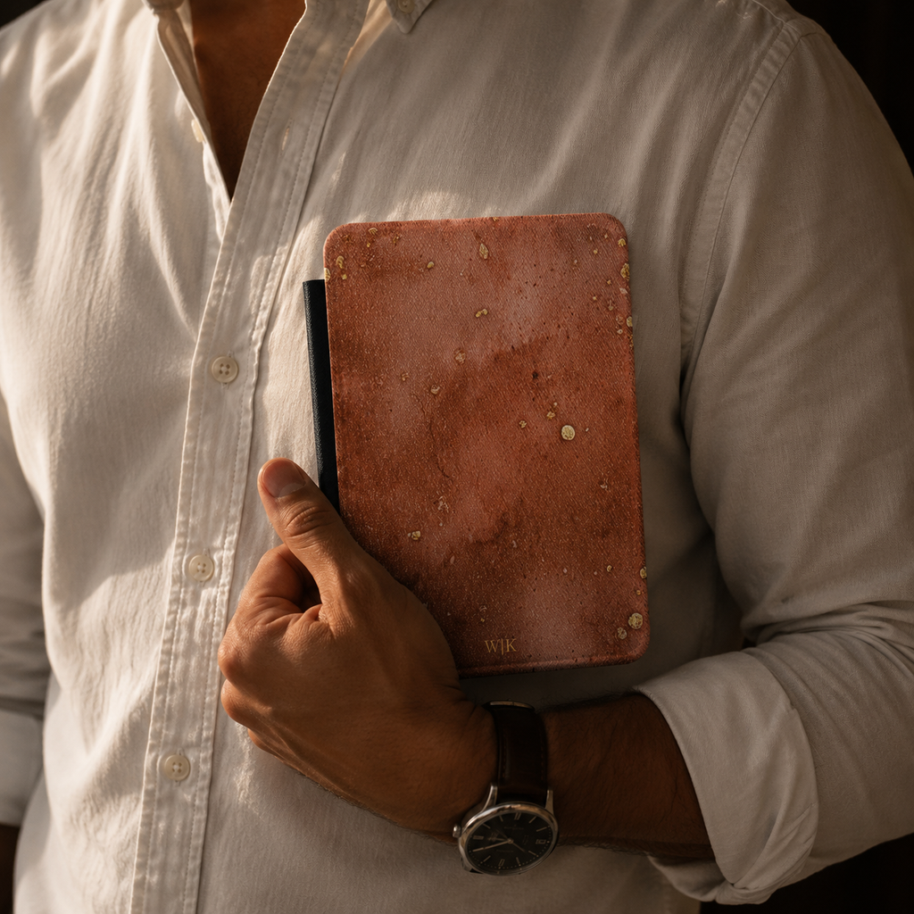 Back cover of the terracotta marble speckled personalized Kindle case