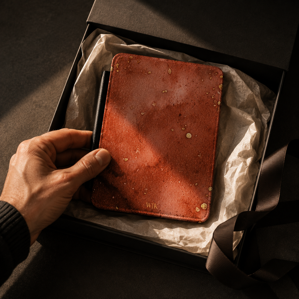 Open interior of the terracotta marble speckled Kindle case showing the fabric lining and TPU shell