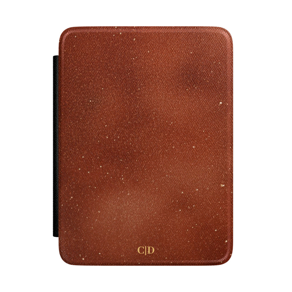 Terracotta starlight marble personalized Kindle case with gold speckles, front view