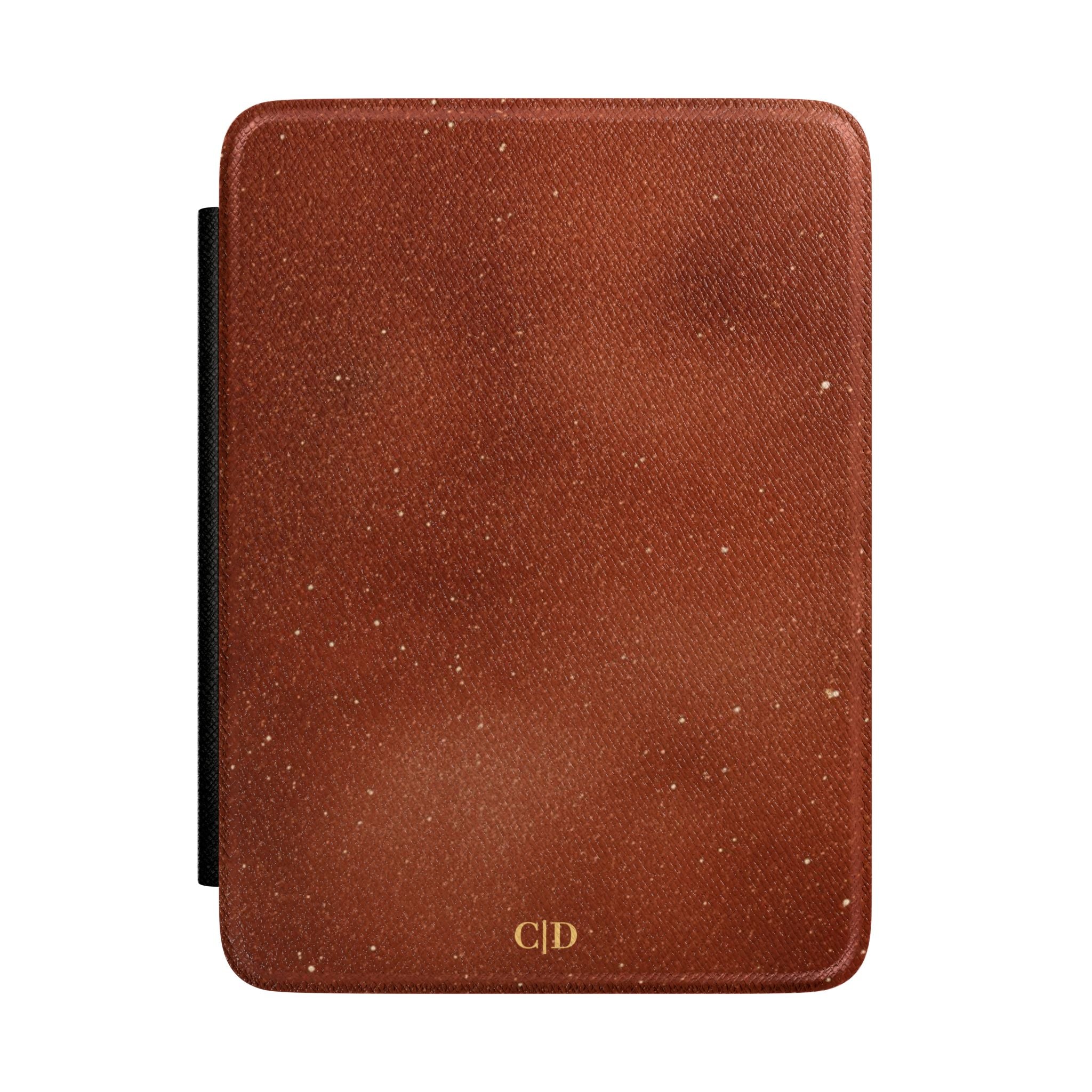 Terracotta starlight marble personalized Kindle case with gold speckles, front view