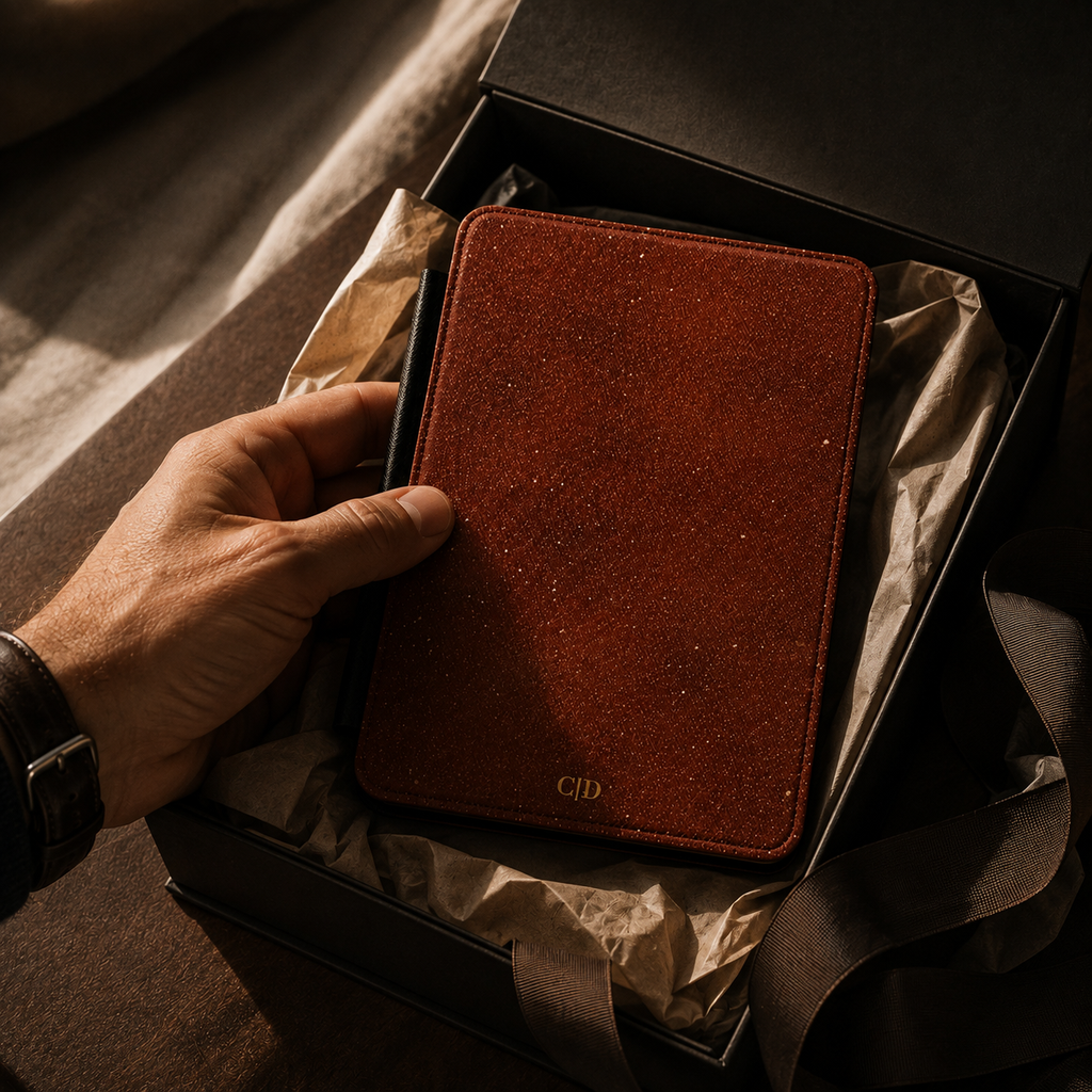Open interior of the terracotta starlight marble Kindle case showing the fabric lining and TPU shell