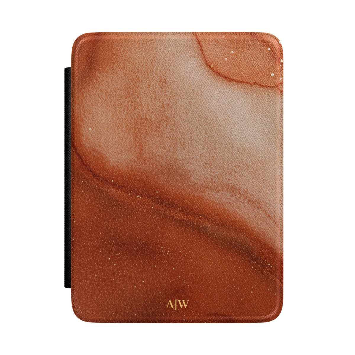 Terracotta wave marble personalized Kindle case with gold shimmer, front view