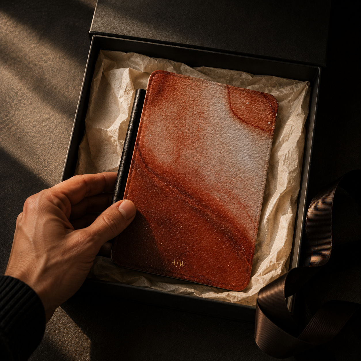 Open interior of the terracotta wave marble Kindle case showing the fabric lining and TPU shell