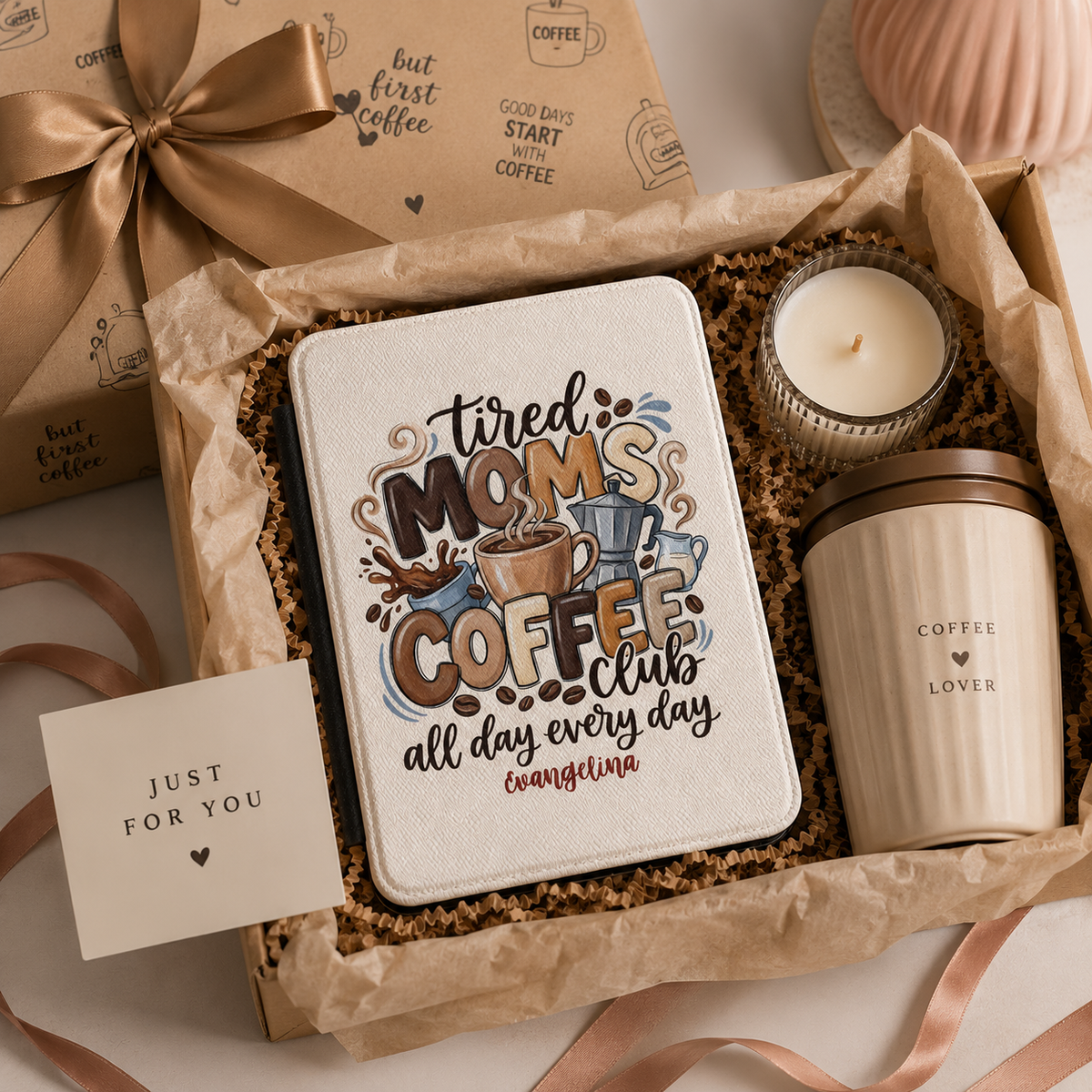 Personalized Tired Moms Coffee Club Kindle case shown in a gift setting
