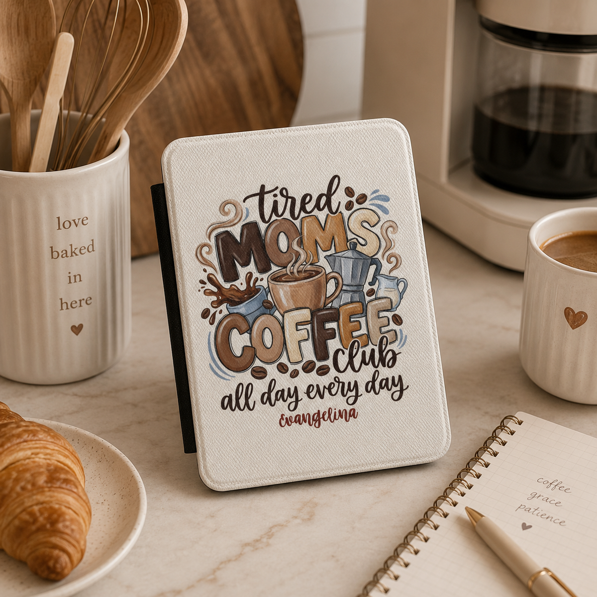 Personalized Tired Moms Coffee Club Kindle case styled in a lifestyle reading setting