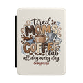 Personalized Kindle case with Tired Moms Coffee Club design on cream, custom name Evangelina