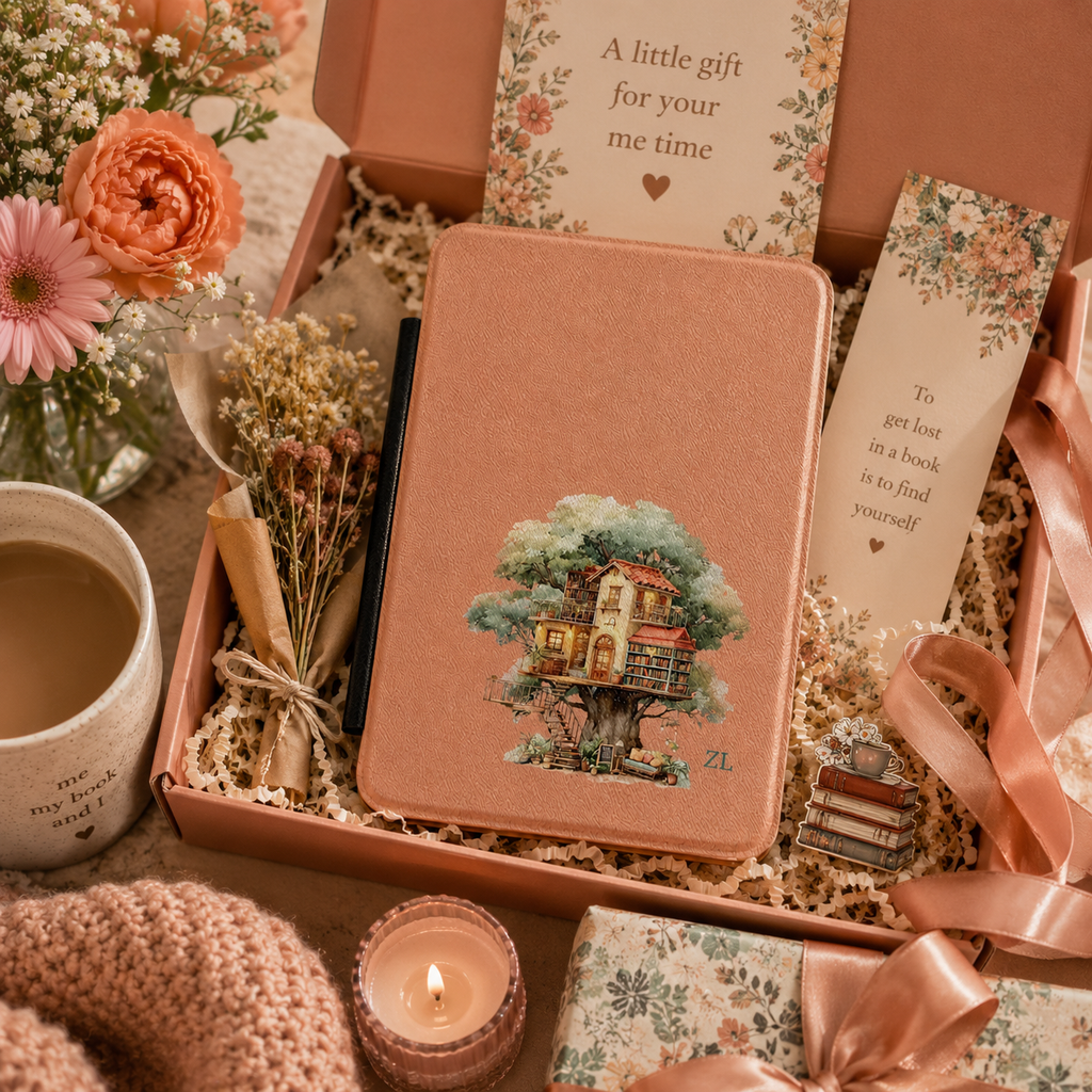 Personalized treehouse library Kindle case shown in a gift setting