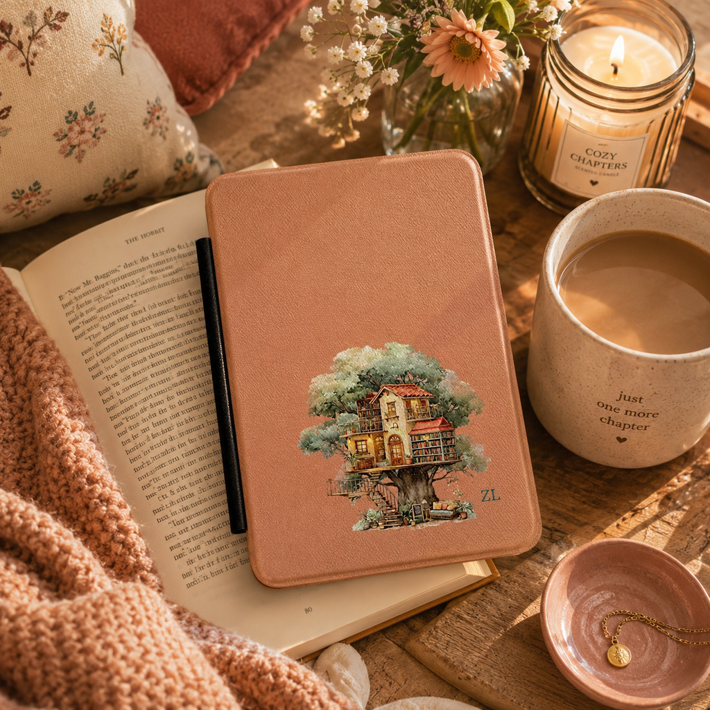 Personalized treehouse library Kindle case styled in a lifestyle reading setting